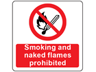 Smoking and naked flames prohibited symbol and text safety label.