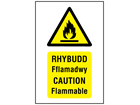 Rhybudd Fflamadwy, Caution Flammable. Welsh English sign.