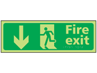 Fire exit arrow down photoluminescent sign.