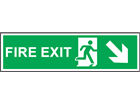 Fire exit arrow diagonal down-right symbol and text safety sign.