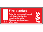 Fire blanket, Safe for use on all small risk fires including burning liquids symbol and text safety sign.