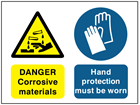 Danger Corrosive materials, Hand protection must be worn safety sign.