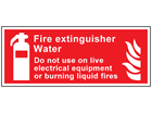 Fire extinguisher water, Do not use on live electrical equipment or burning liquid fires symbol and text sign.