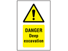 Danger, Deep excavation symbol and text safety sign.