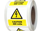 Caution 400 volts symbol and text safety label.