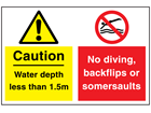 Caution water depth less than 1.5m and No diving, backflips or somersaults sign.