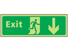 Exit arrow down photoluminescent sign.