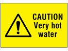 Caution very hot water symbol and text safety sign.