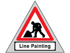 Men at work, line painting roll up road sign