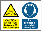Caution noise level between 80 and 85dB (A), ear protection available on request sign.