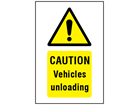 Caution Vehicles unloading symbol and text safety sign.