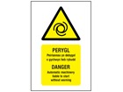 Perygl, Peirannau yn debygol o gychwyn heb rybudd, Danger Automatic machinery liable to start. Welsh English sign.