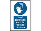 Hand protection must be worn in this area symbol and text safety sign.