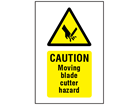 Caution Moving blade cutter hazard symbol and text safety sign.