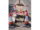 Heavy duty barrier tape, red and white chevron.