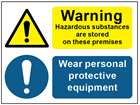 COSHH. Warning hazardous substances are stored on these premises, Wear personal protective equipment sign.