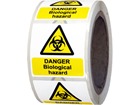 Danger biological hazard symbol and text safety label.