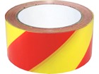 Laminated warning tape, red and yellow chevron.