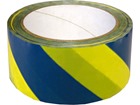 Laminated warning tape, blue and yellow chevron.