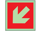 Diagonal fire arrow facing left and down symbol photoluminescent safety sign