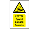 Pergyl Cyrydol, Danger Corrosive. Welsh English sign.