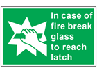 In case of fire break glass to reach latch symbol and text safety sign.
