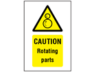 Caution Rotating parts symbol and text safety sign.