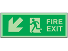 Fire exit, arrow diagonal facing the left and down photoluminescent safety sign