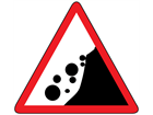 Beware falling rocks from the right sign
