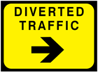 Diverted traffic, arrow right temporary road sign.