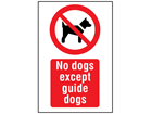 No dogs except guide dogs symbol and text safety sign.