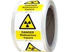 Danger radioactive hazard symbol and text safety label.