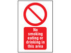 No smoking, eating or drinking in this area symbol and text safety sign.