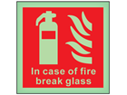 In case of fire break glass photoluminescent safety sign.