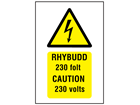 Rhybudd 230 folt, Caution 230 volts. Welsh English sign.