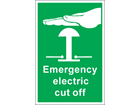 Emergency electric cut off symbol and text safety sign.