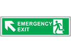Emergency exit arrow diagonal up-left symbol and text safety sign.