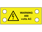 Warning 400 volts AC cable tie tag.