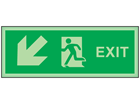 Exit, arrow diagonal facing the left and down photoluminescent safety sign