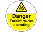 Danger fork lift trucks operating symbol and text floor graphic marker.