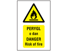 Perygl o dan, Danger Risk of fire. Welsh English sign.