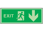 Exit, arrow down photoluminescent safety sign