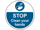 Stop, clean your hands symbol and text floor graphic marker.