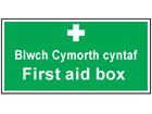 Blwch cymorth cyntaf, First aid box. Welsh English sign.