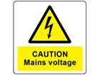 Caution mains voltage symbol and text safety label.