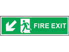 Fire exit arrow diagonal down-left symbol and text safety sign.