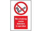 No smoking, smoke detectors in operation symbol and text safety sign.