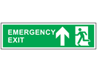 Emergency exit arrow up symbol and text safety sign.