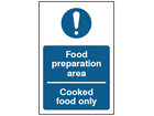 Food preparation area, cooked food only safety sign.