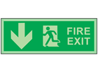 Fire exit, arrow down photoluminescent safety sign